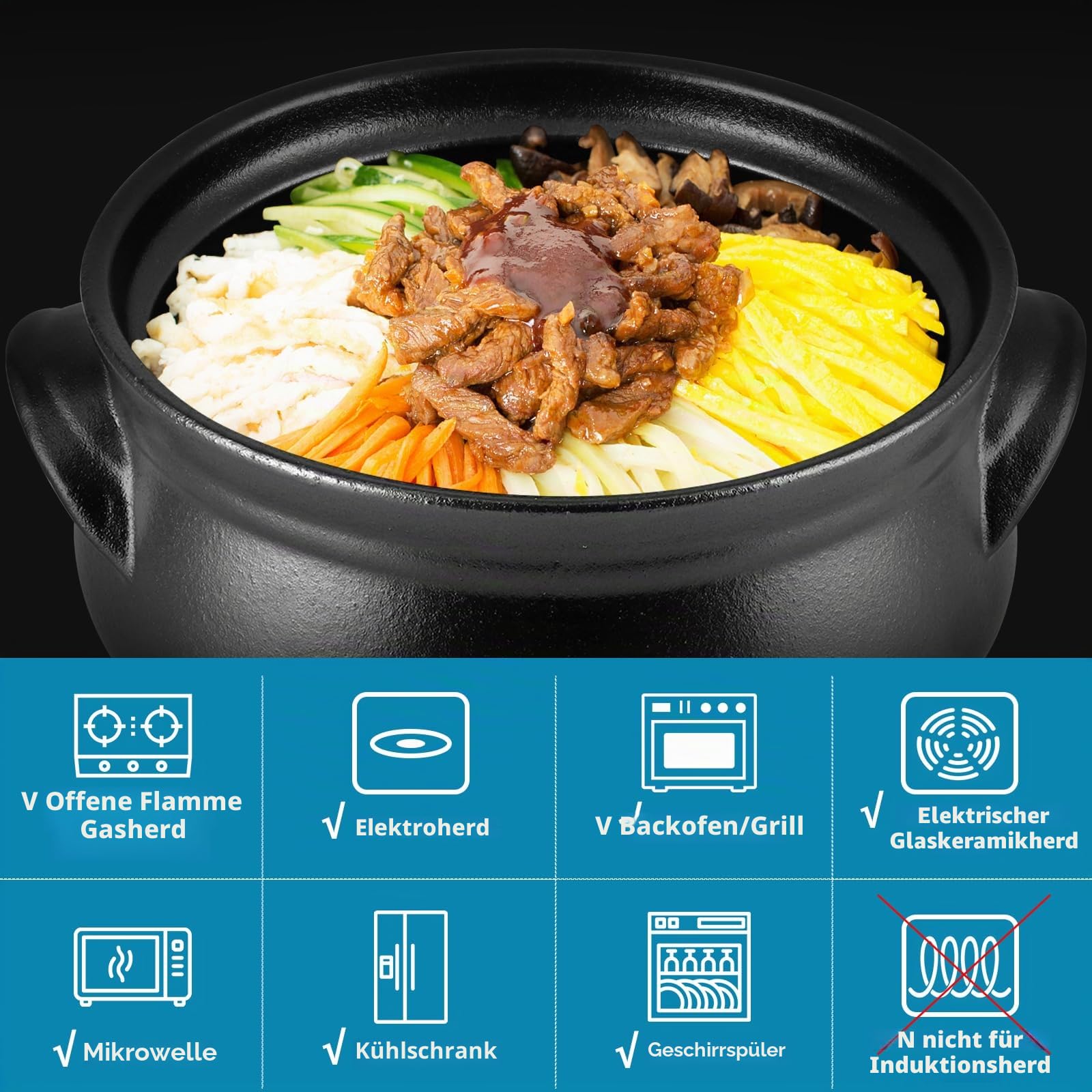 Skelang Koreanische Bibimbap-Schale, Keramikschalen, Meeresfrüchtepfanne mit Deckel und Tablett, zum Kochen von Nudeln, Suppe, Reis, Kapazität 1,6 L (Mattschwarz)