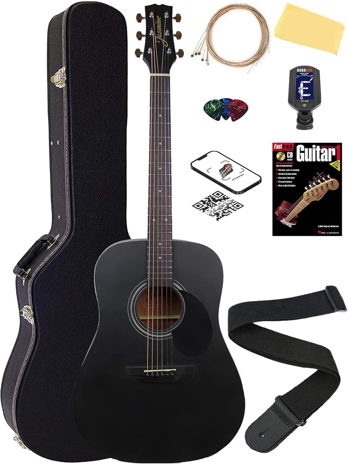 Jasmine S35 Dreadnought Acoustic Guitar - Matte Black Bundle with Hard Case, Tuner, Strings, Strap, Picks, Instructional Book, Austin Bazaar Instructional Video, and Polishing Cloth