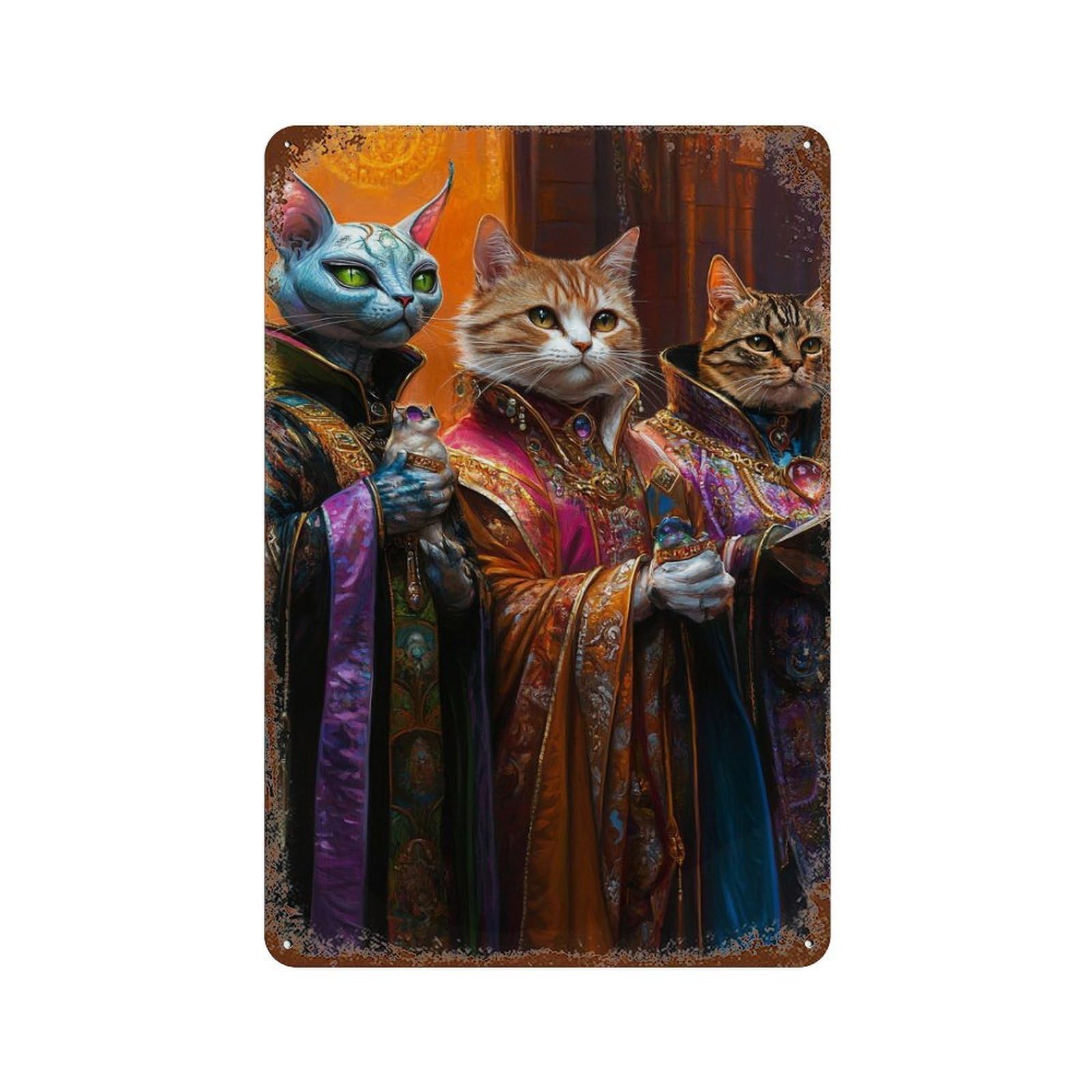 Royal Cat Nobles in Fantasy Attire 11.8"x7.9" Rustic Tin Plaque, Retro Wall Decor for Garage, Bar And Workshop Decor