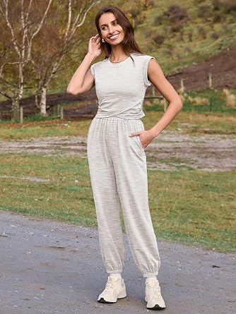 Glamaker Women's Two Piece Athletic Sets Casual Workout Sleeveless Cropped Tops High Sweatpants Joggers Tracksuits