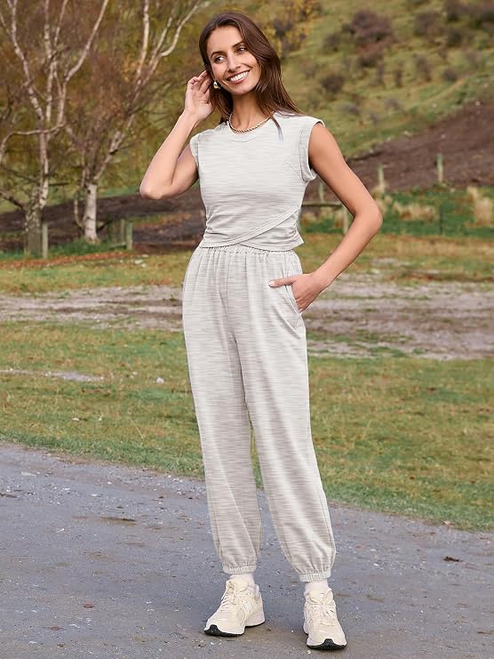 Glamaker Women's Two Piece Athletic Sets Casual Workout Sleeveless Cropped Tops High Sweatpants Joggers Tracksuits