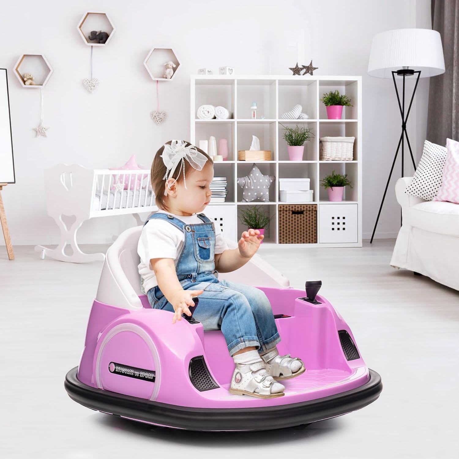 GarveeLife 12V Kids Ride On Bumper Car Toddlers Electric Bumping Car Battery Powered Ride On Toy with Remote Control, Battery Display, 360°Spin, LED Lights, Music, Pink