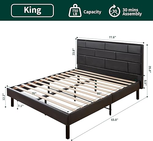 Miniatura 2 de TOYABR Base de cama tamaño King con cabecero, cama King de metal envolvente de cuero, barra de acero inferior para prevención de ruido, no necesita