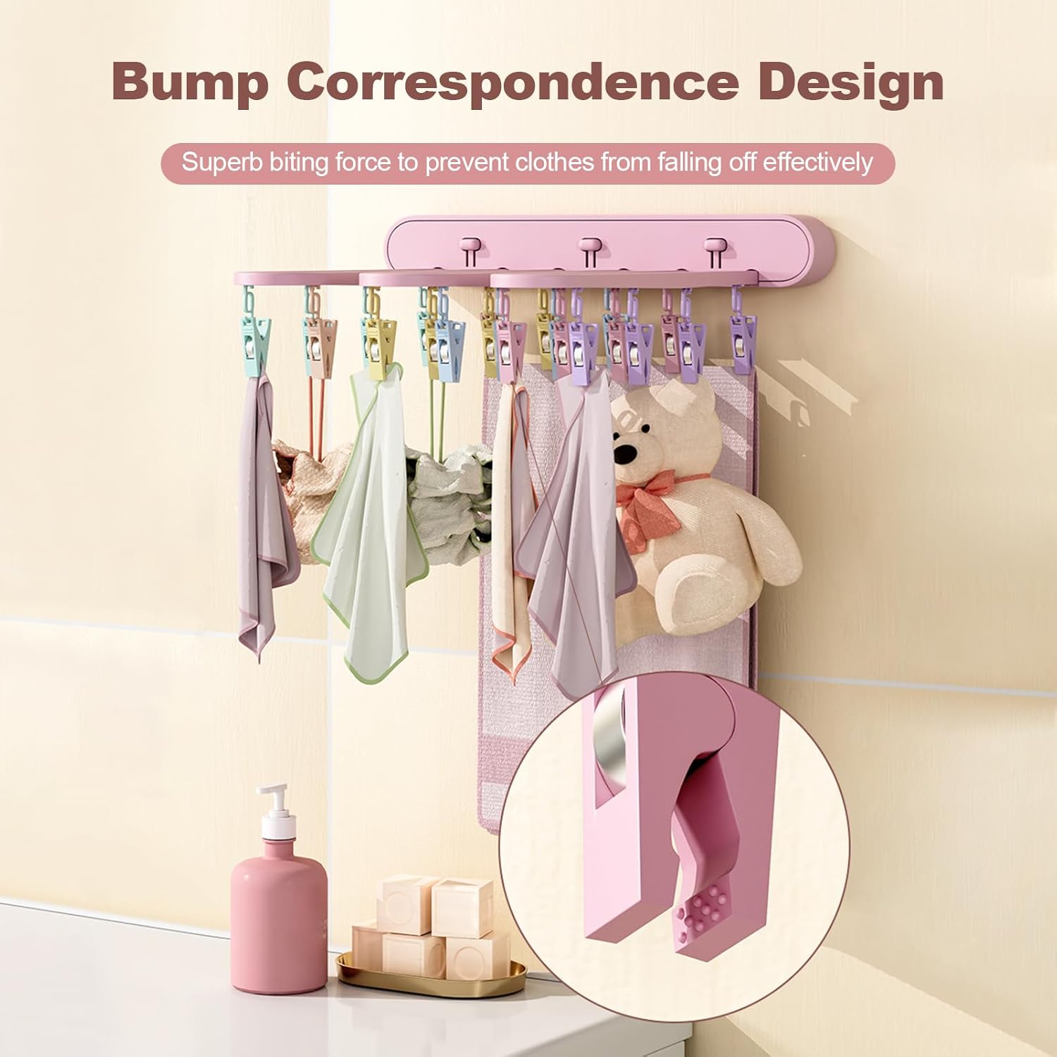 Clothes Drying Rack Wall Mounted, Clothes Drying Rack Folding Indoor with Clip, Balcony Drying Rack Dryer, Space Saver for Socks, Underwear, Rags, Towels