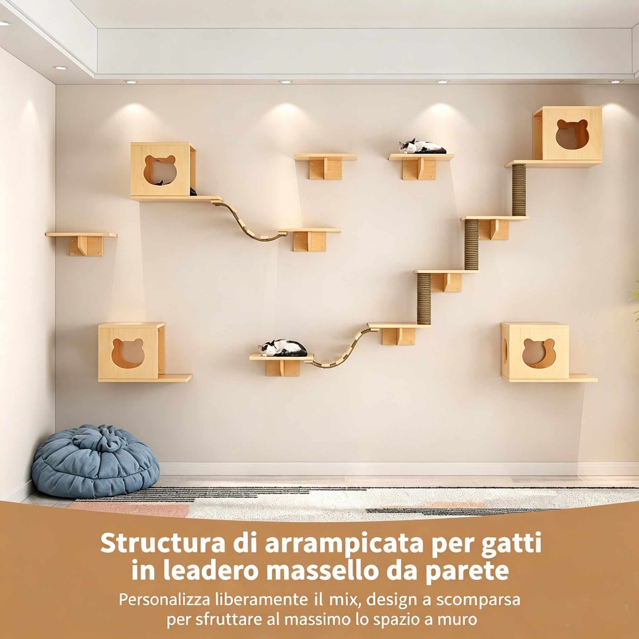 Set da parete per gatti, elementi da parete per gatti, in legno massiccio, set di mobili da parete per gatti, con casetta per gatti, scala per gatti, trampolino per gatti