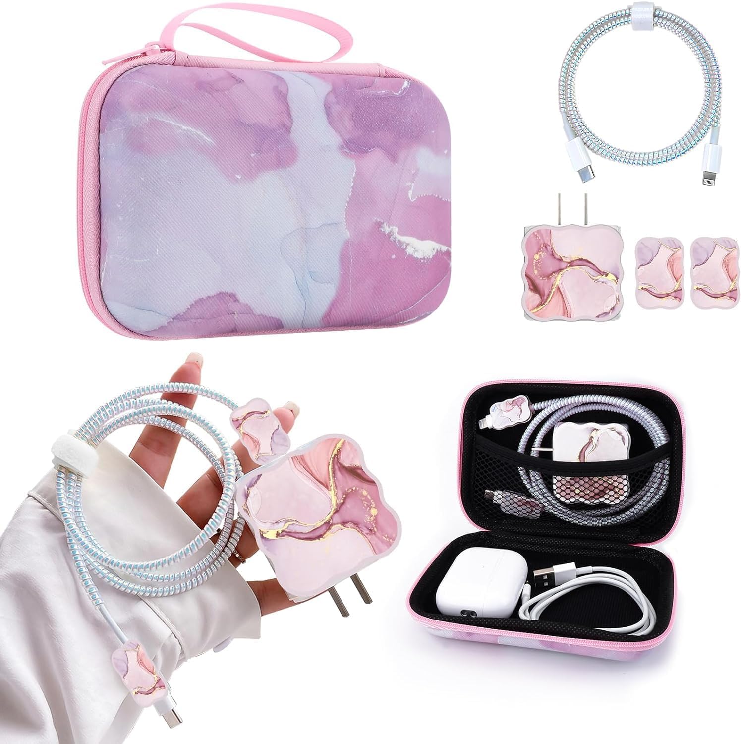 Justec Silicone Iphone Charger Protector Case With Carrying Bag Compatible For Apple 18W 20W Iphone 15 14 13 12 11 Pro/Pro Max Adapter And Lightning Cable Protective Sleeve (Pink Marble) (B0CY5GC853) Amazon Price History, Amazon Price Tracker