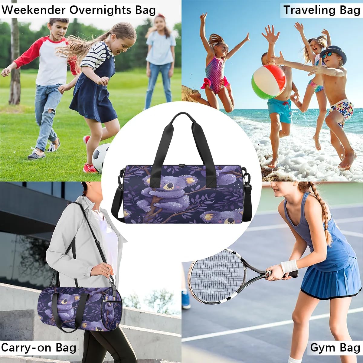 Koala Purple Travel Gym Bag Waterproof Sport Dance Bag for Women Men Portable Gymnastics Duffel Bags Canvas Tote Carry on Handbag for Workout Overnight Weekender