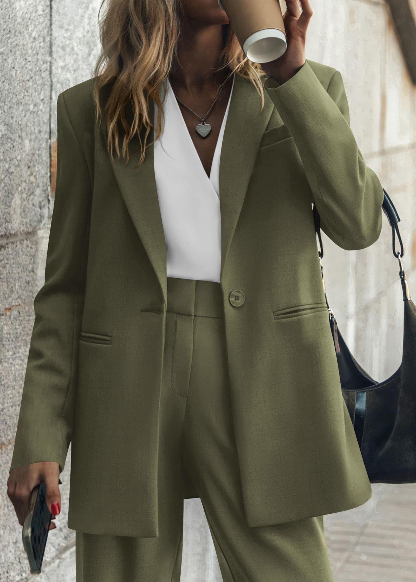 2-teiliges Outfit für Damen, eleganter Blazer, lässig, locker, langer Blazer, Jacken und elegante Hosenanzüge mit weitem Bein und Taschen