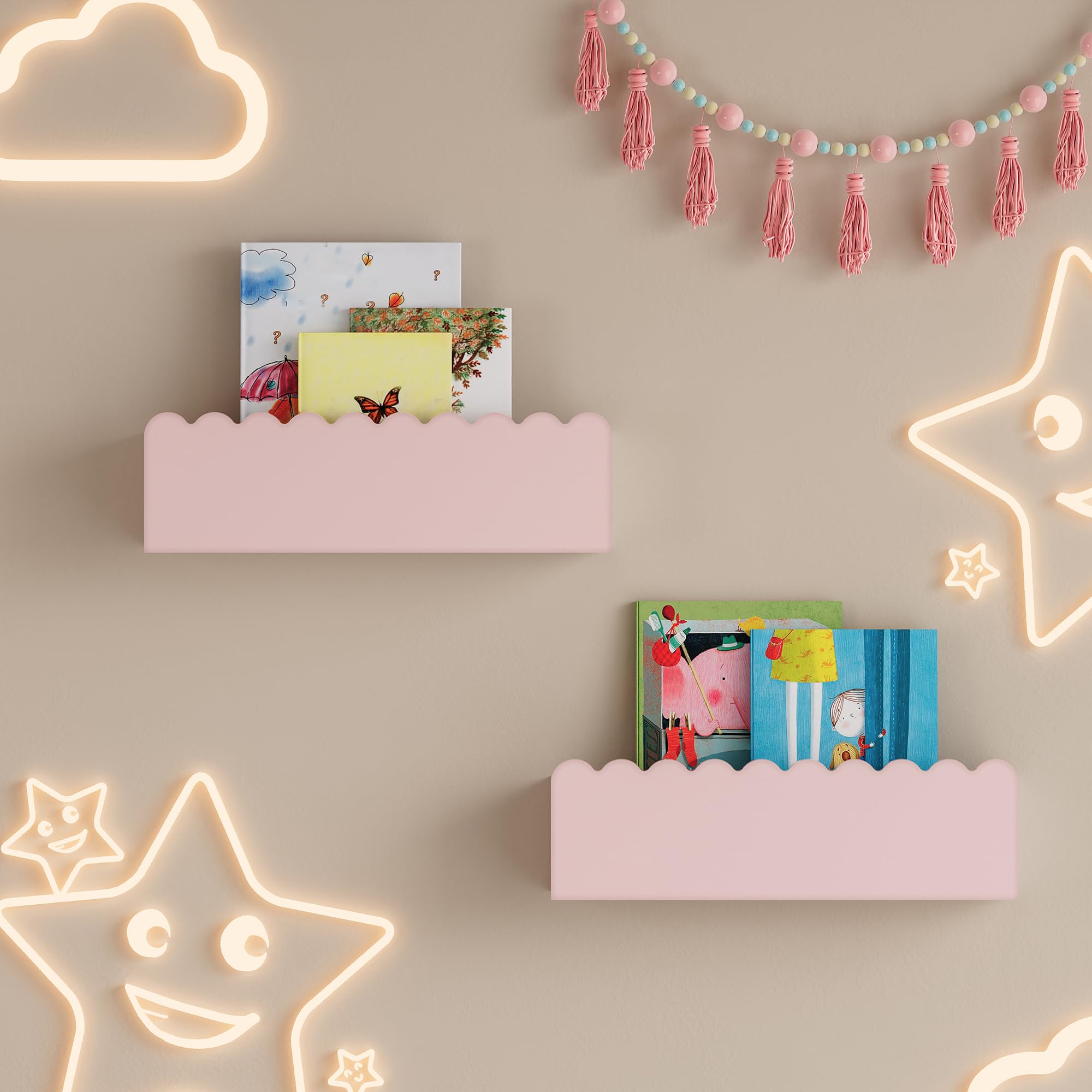 [en.casa] Set de 2 Estantes Flotantes Infantil Vestnes Baldas de Pared con Borde Elevado y Ondulado Librería Dormitorio para Niños Habitación Infantil 40 x 9,5 x 10 cm Rosa - Algodón de azúcar