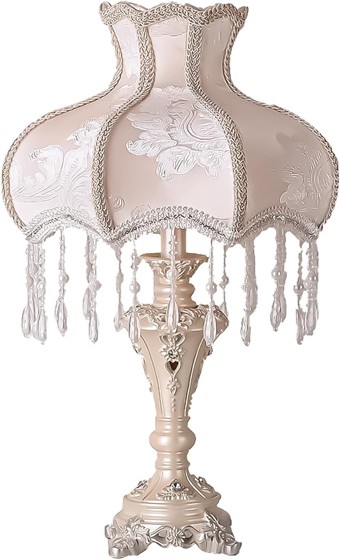 JHMYOB White Victorian Style Table Lamp Art Deco European Lamp with Lace Traditional Fabric Tiffany Table Lamp for Bedroom Living Room Office (E27 110V 13inch)