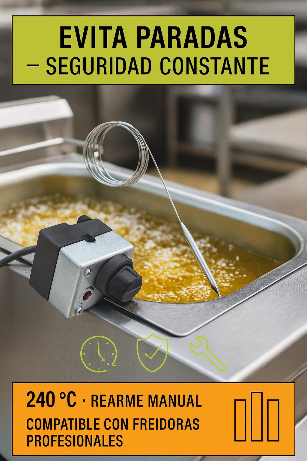 CubetasGastronorm ® Termostato seguridad freidora 240º CAPILAR 1000mm con REARME 16A Capilar 1000mm Protección Sobrecalentamiento Precisión Alta Resistencia Freidoras Industriales y Domésticas