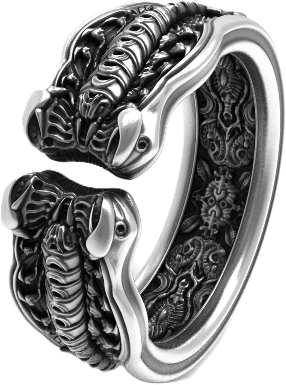 Alien Serpent Ring – 925 Sterling Silver Sci-Fi Horror Creature Ring for Men, Giger-Inspired Adjustable Gothic Jewelry, Unique Gift for Gamers & Horror Fans