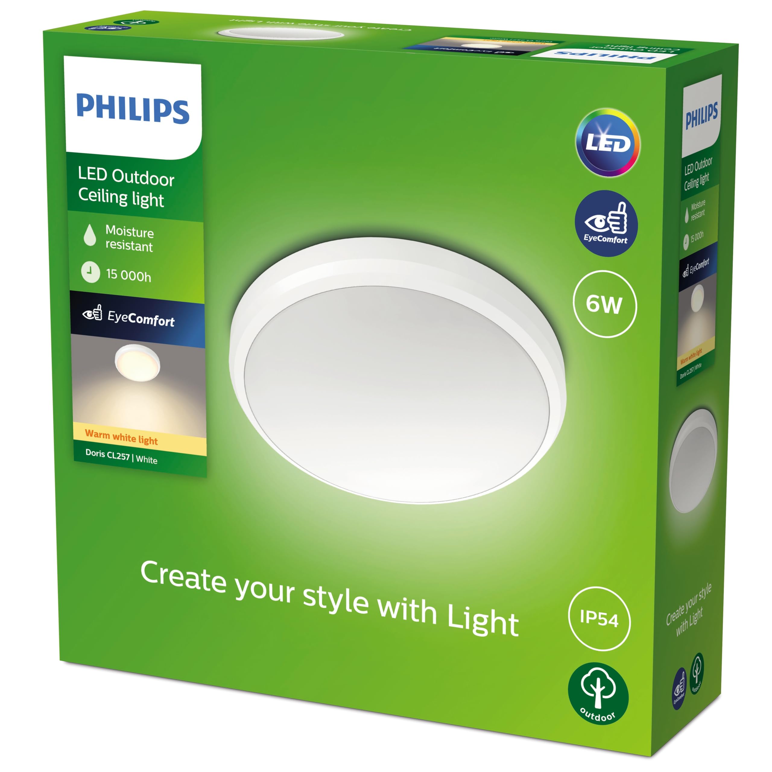 Philips Doris Deckenleuchten für den Außenbereich, 6 W, 2700 K warmweiß, wasserfest, weiß, IP54 wetterfest