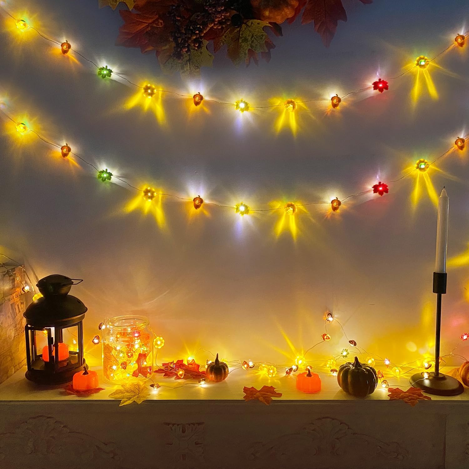TURNMEON Fall Decor 2 Pack 3D Fall Thanksgiving Pumpkin String Lights Total 40LED/13Ft Thanksgiving Decorations for Home, 3 in 1 Battery Powered Fall Lights Halloween Decor Home Indoor Outdoor - Image 9