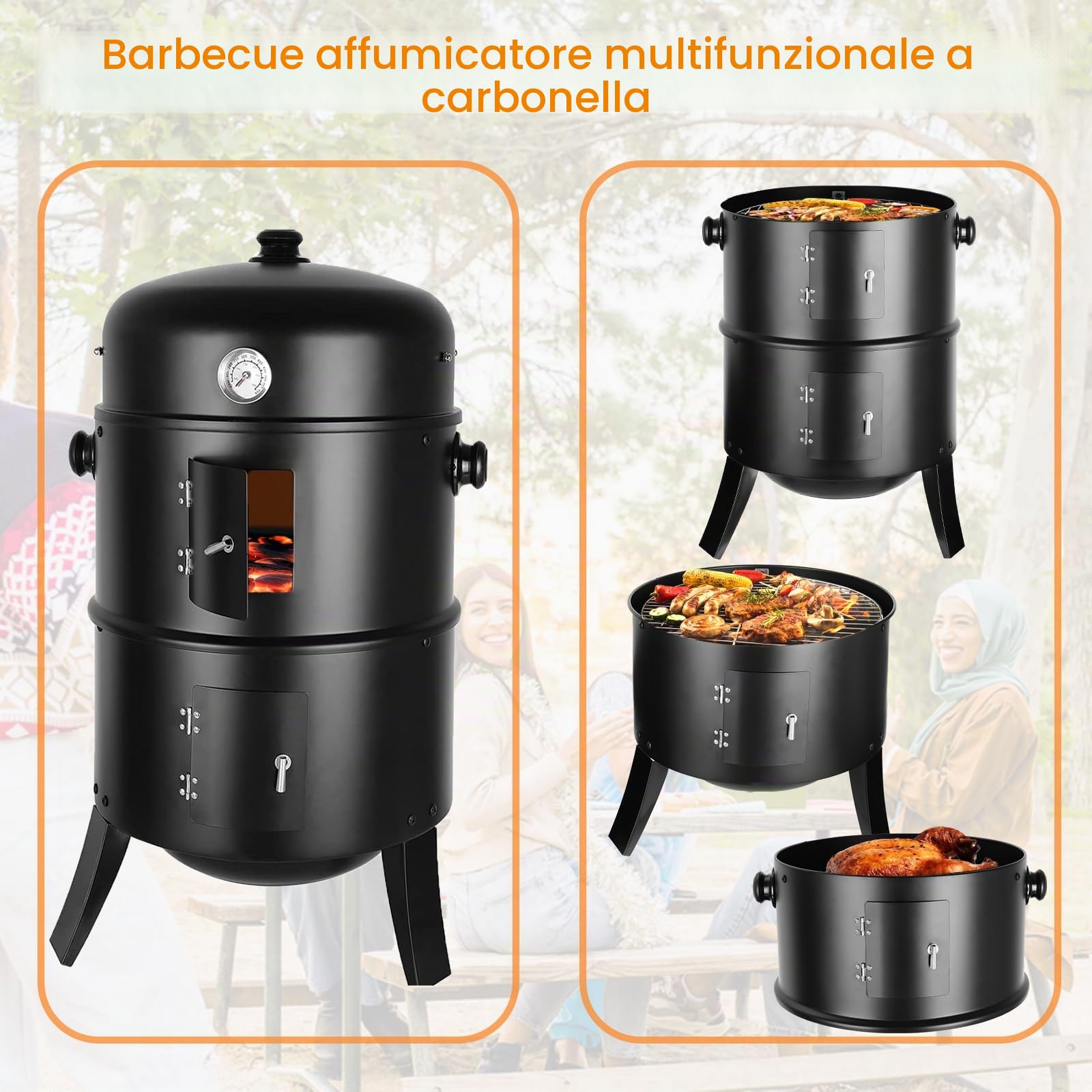 Affumicatore 3 in 1, Barbecue Carbonella, Griglia per Affumicatura con 2 Griglie in Acciaio Inossidabile, Termometro, Barbecue a Carbone, Affumicatore con Coperchio, Ø44,5 x80 cm Affumicatoi, Nero