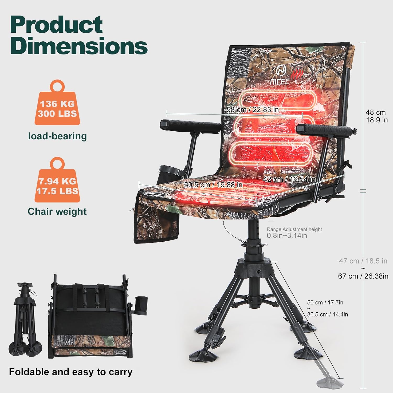 Nice C Heated Swivel Hunting Blind Chair, 360 Degree Silent Swivel Chair with Battery, Turkey Chairs, Strutter Chairs, 4 Legs Height Adjustable, Power Bank Included, Portable Ground Camping