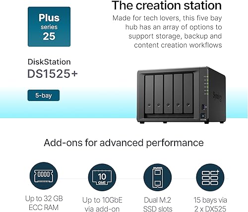 Miniatura 2 de Synology DiskStation DS1821+ Carcasa NAS de 8 bahías, RAM DDR4 ECC de 16 GB, 8 bahías de unidad SATA de 3.52.5", 2 ranuras SSD M.2 2280 NVMe, CPU