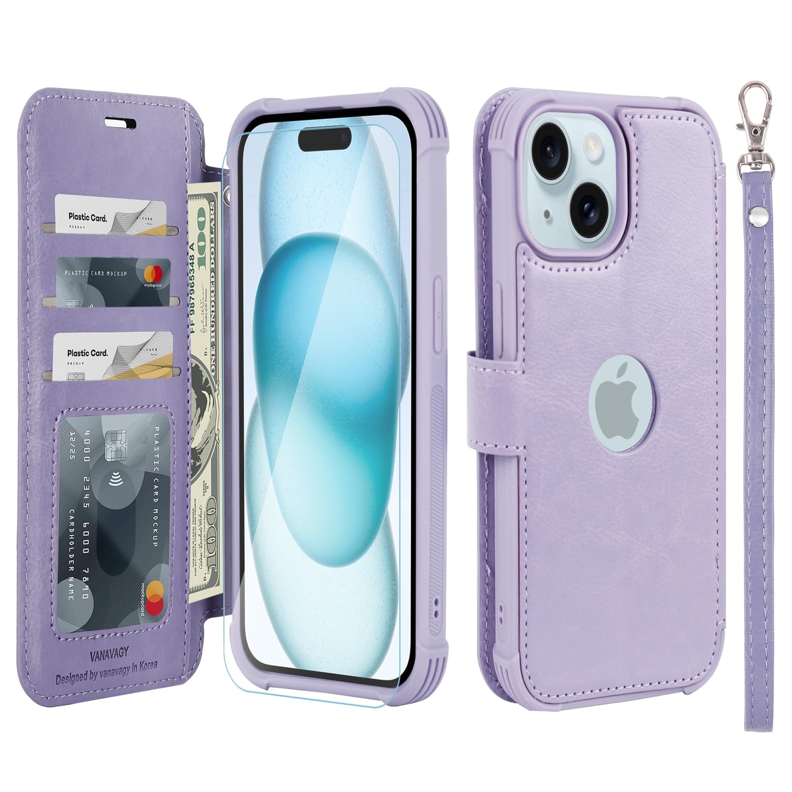 VANAVAGY Wallet Case Compatible for iPhone 15 Plus/14 Plus, PU Leather Flip Cover with Wristlet for Wireless Charging with...