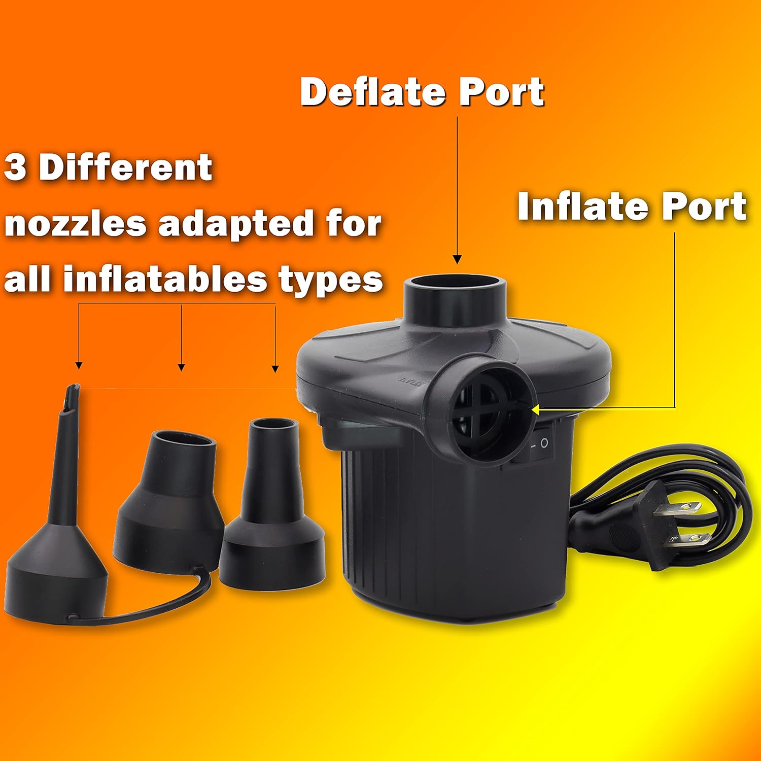 The Original YESINDEED Electric Air Pump for Inflatables BBL Mattress Bed Pool Toy Raft Boat Swimming Rings Outdoor Camping Multi-Purpose Portable Quick & Easy Inflator Deflator with 3 Nozzles 110V AC