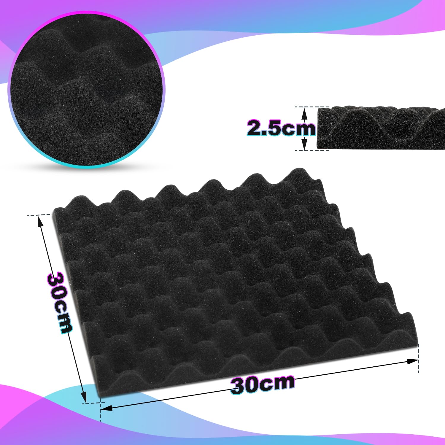 Pianka akustyczna, 72 sztuki, pianka z wypustkami, 2,5 x 30 x 30 cm, piramida, panele akustyczne, izolacja akustyczna, do studia nagrań, studia nagraniowego, gabinetu, studia tańca, domu