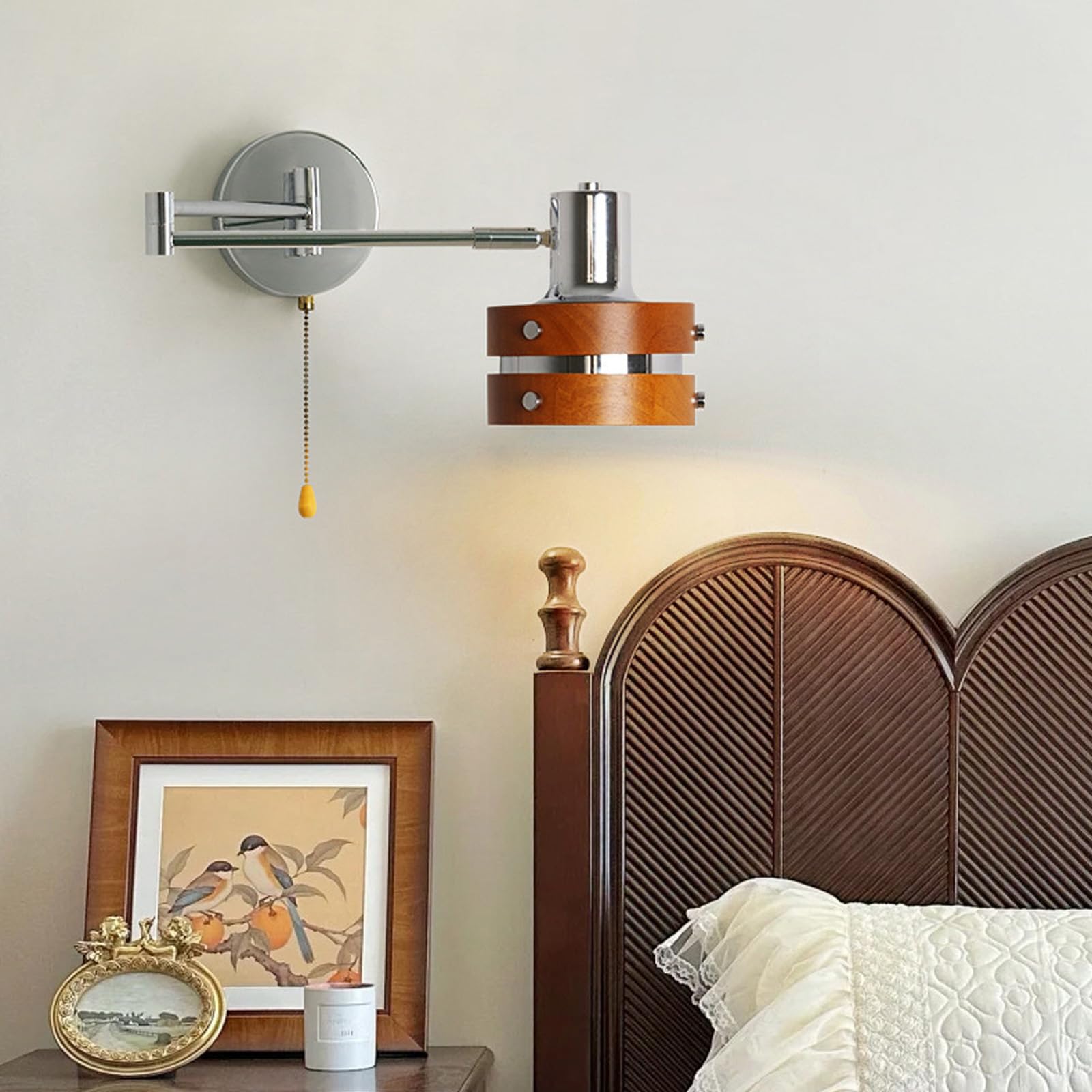Lámpara de pared E27 vintage madera y plata con brazo plegable decorativo 8