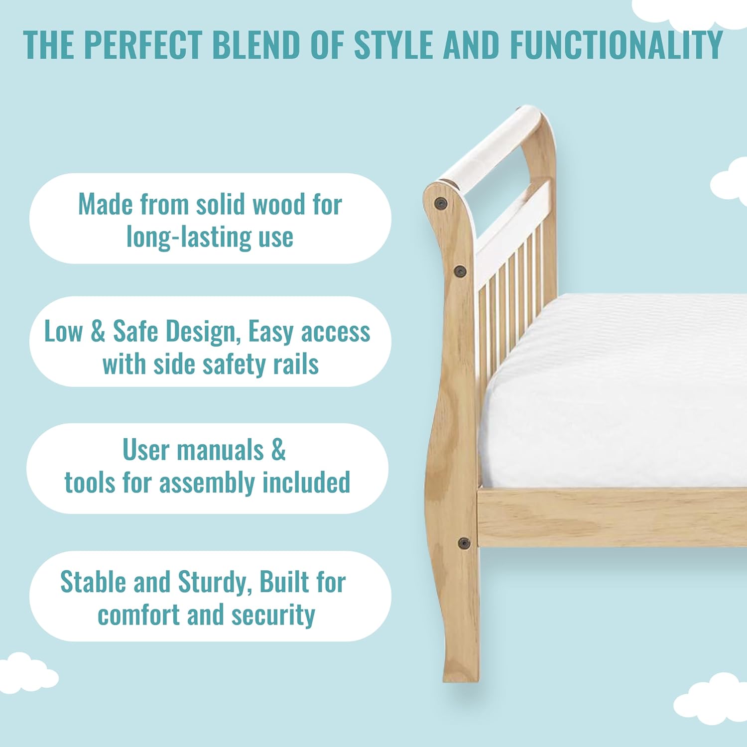 Dream On Me Classic Sleigh Toddler Bed in Natural – Baby Safety Alliance Certified, Low-to-Floor Design, Non-Toxic Finish, Wooden Safety Rails