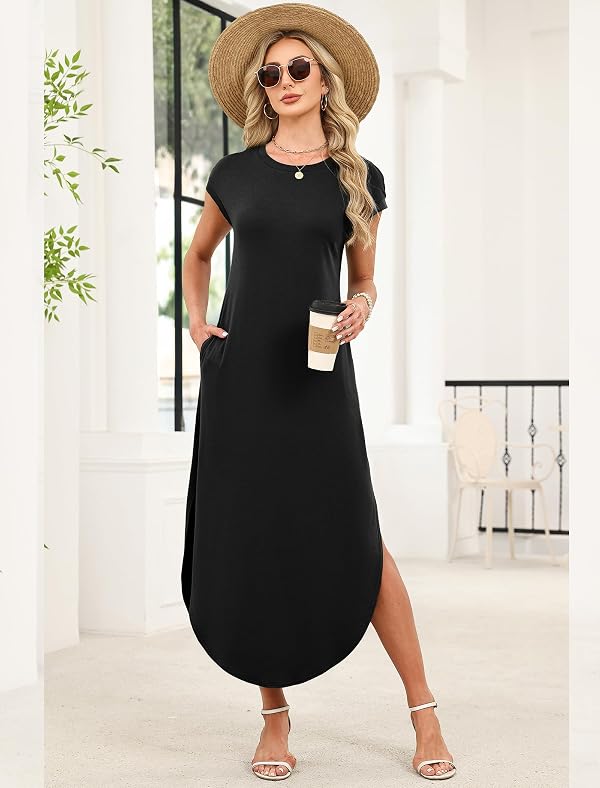 WIHOLL Maxi Dresses for Women Maternity Comfy Long Summer Black Sundresses 2026 Cap Sleeve Tshirts Vacation Outfits for Curvy Women Loose Fit Fashion Clothing XL by WIHOLL - Used condition - Image 4