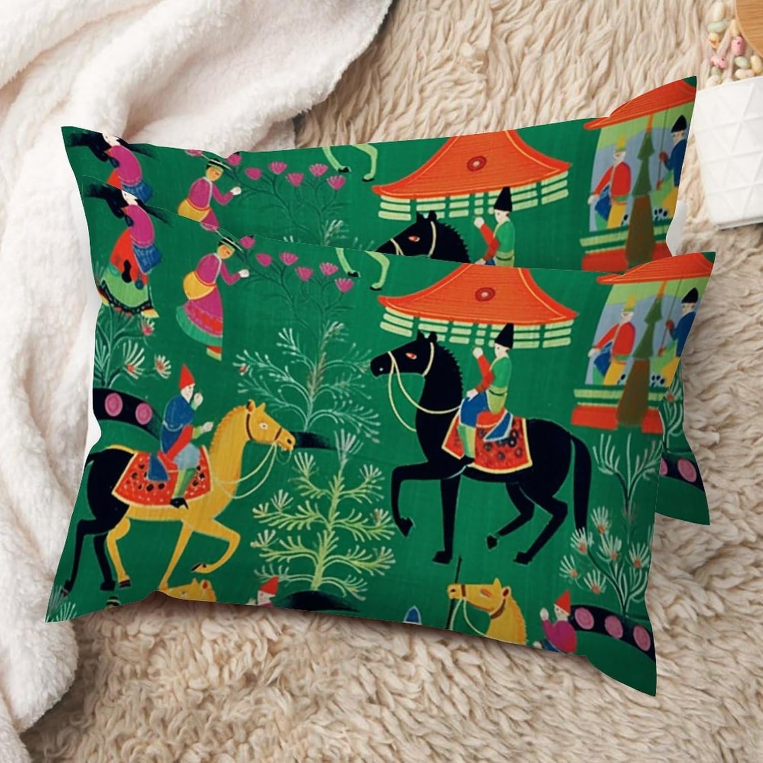 Chinoiserie Bright Emerald Green Throw Pillow Case Set of 2 Chinoiserie Lumbar Support Pillow Case 20x30in Decorative Pillow Home Cotton Linen Rustic Pillow Case for Couch Sofa Bed