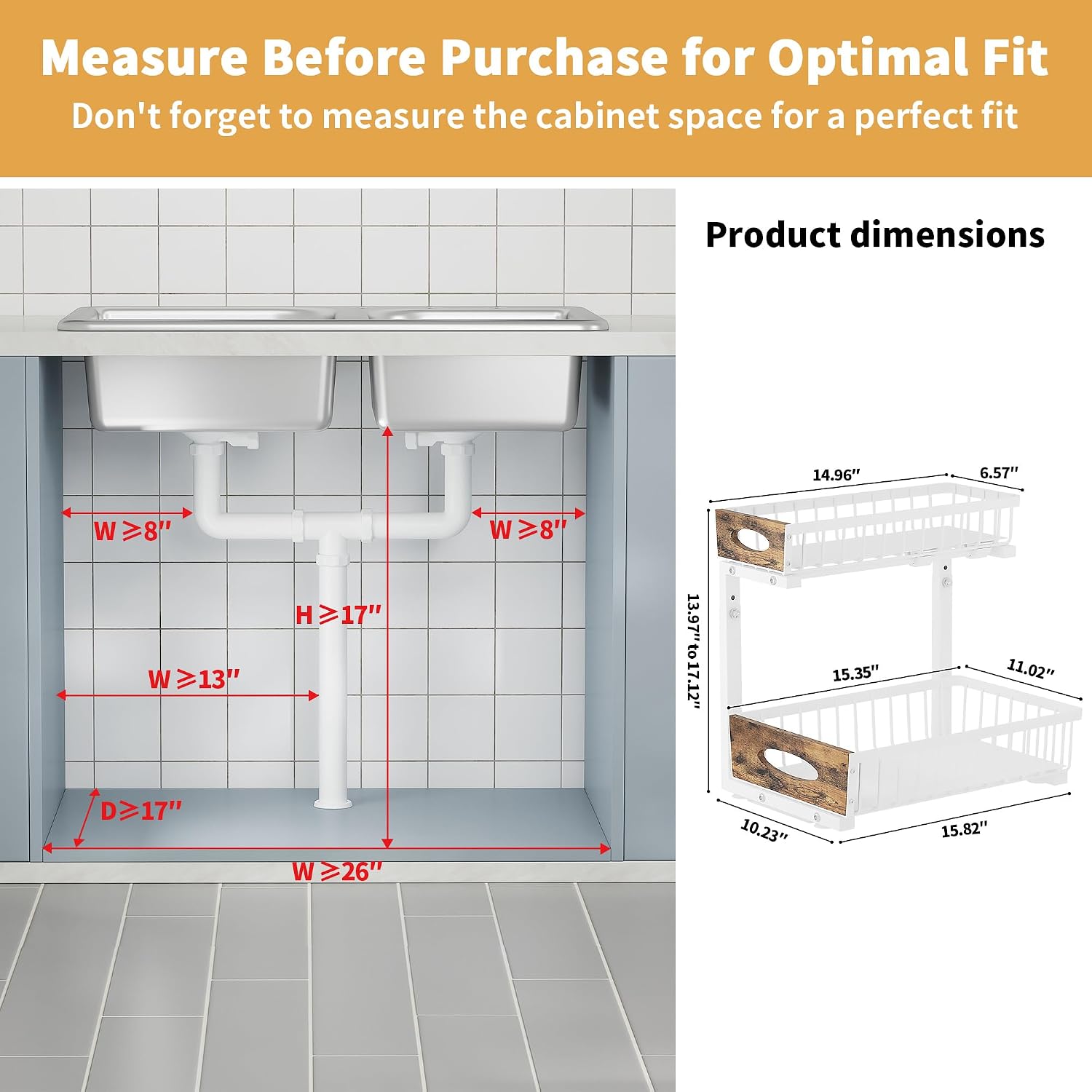 2 Pack Reinforced Metal Under Sink Organizer with Sliding Drawer, L-Shaped Adjustable Height Pull Out Cabinet Organizer with Wooden Handle, Under Bathroom Sink Storage for Kitchen, Pantry, White