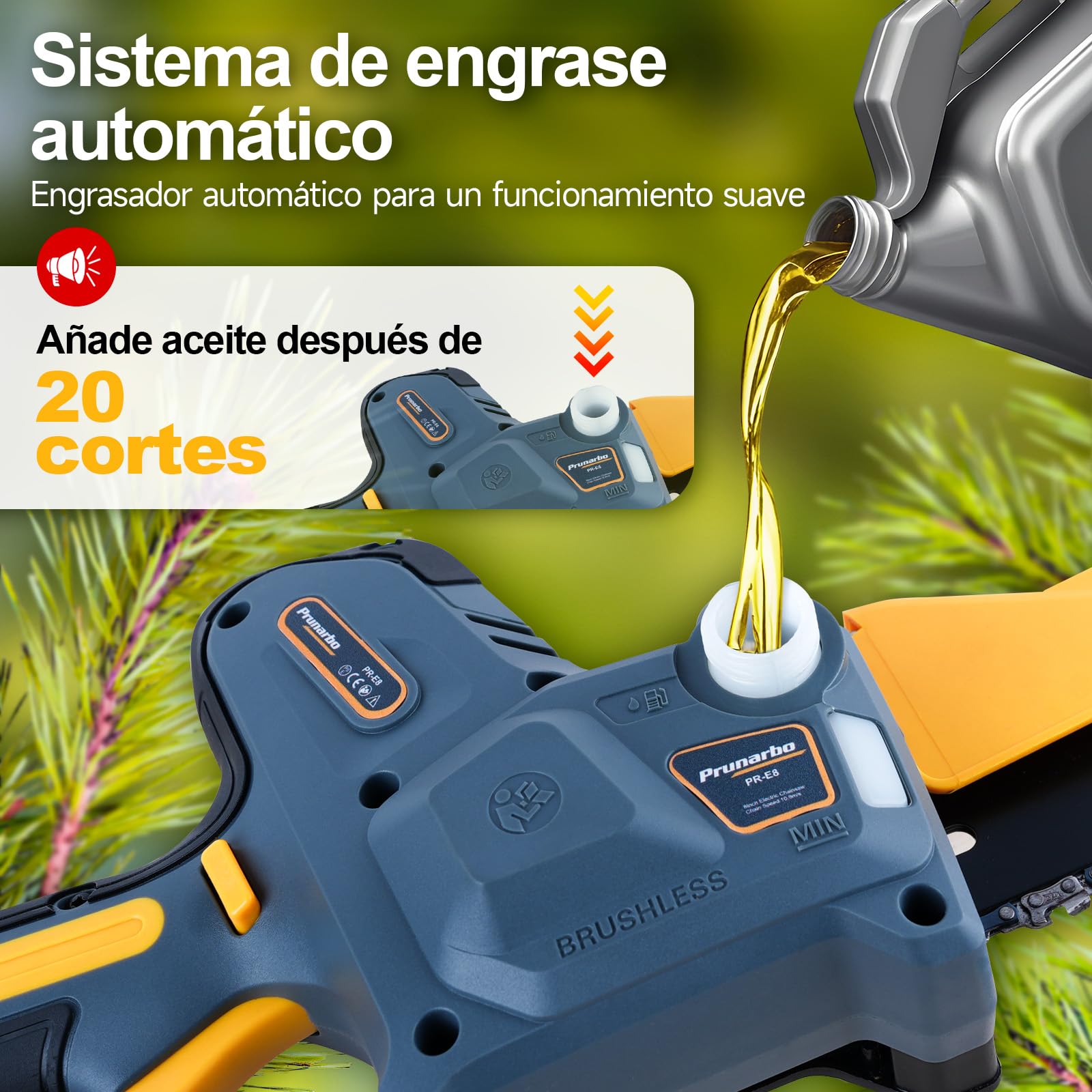 Sierra de Pértiga 2 en 1 con Mini Motosierra de 8 Pulgadas | Motor Sin Escobillas, Engrase Automático, Cabezal Ajustable 180°, Alcance Hasta 2,5 m Con Dos Baterías De 4,0 Ah