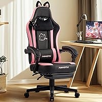 Vista 1 de Silla de juegos con reposapiés, sillas cómodas y femeninas para videojuegos con orejeras de gato, cojín de muelles de bolsillo, soporte lumbar