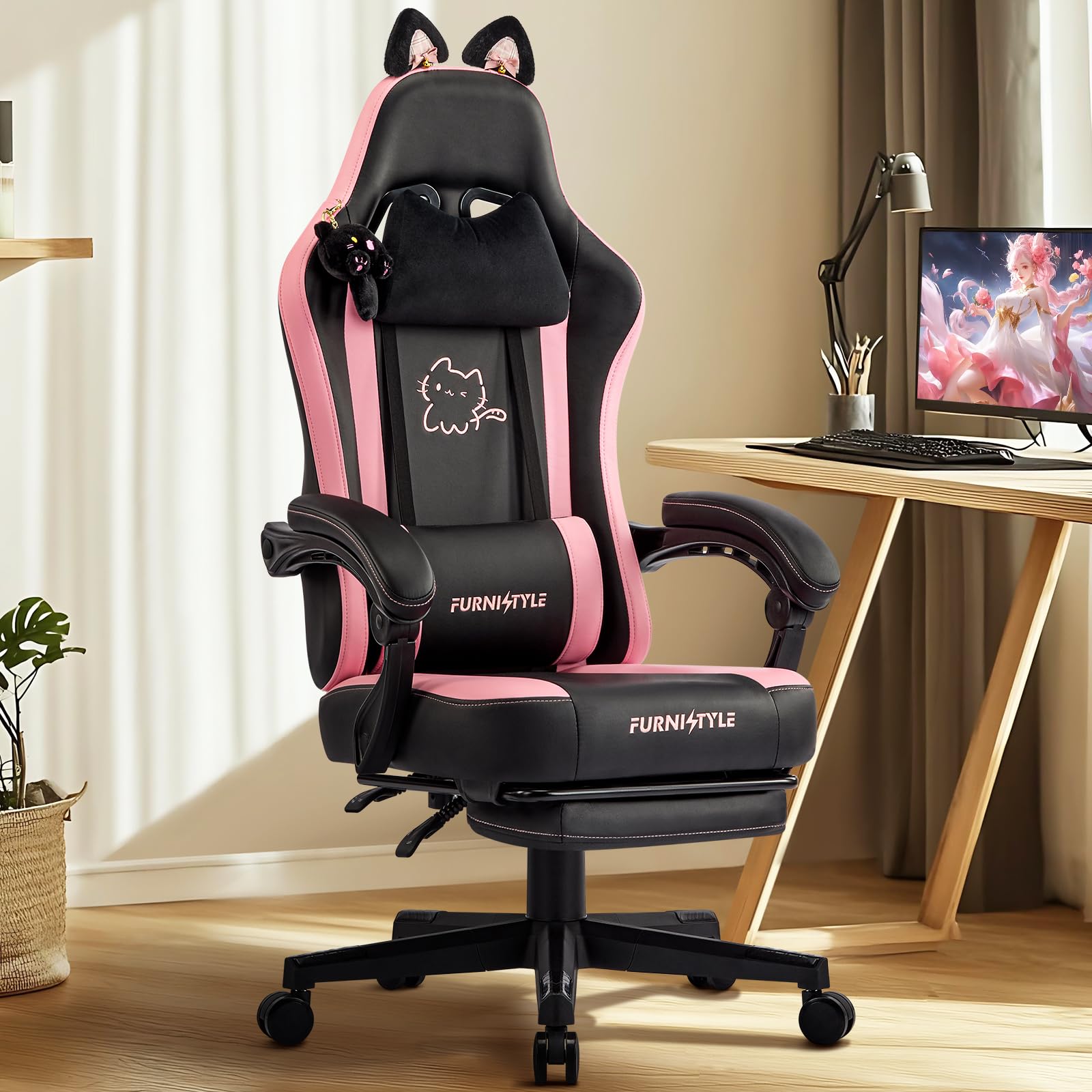Gaming Chair with Footrest Comfy Girly Video Game Chairs with Cat Ears Pocket Spring Cushion Massage Lumbar Support