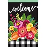 Evergreen Flag Floral Welcome Check House Linen Flag 28 x 44 Inch Double Sided Durable Outdoor Flag For Homes and Gardens