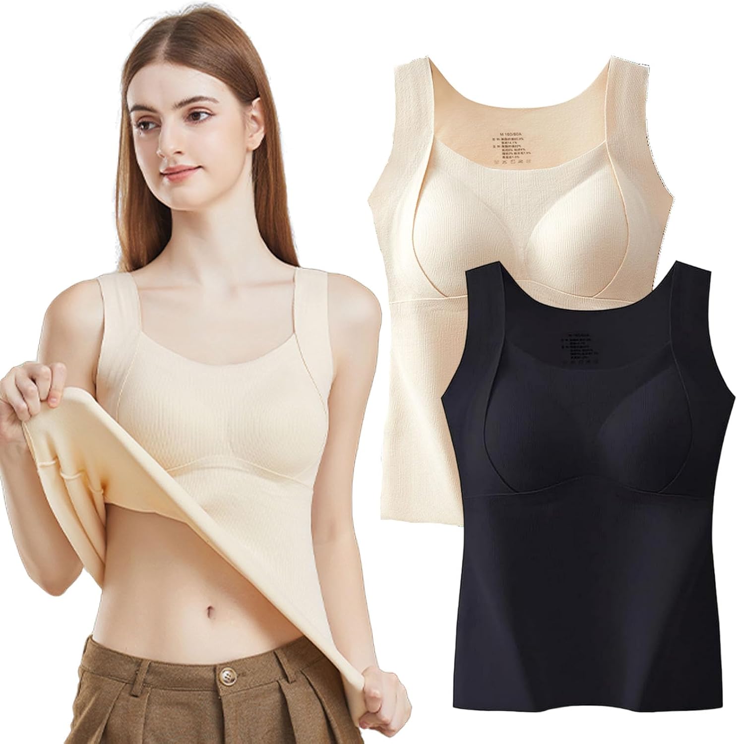Thickened Warm Tank Top with Shelf Bra Winter Women's Solid Warm Camisole Sleeveless Thermal Undershirt