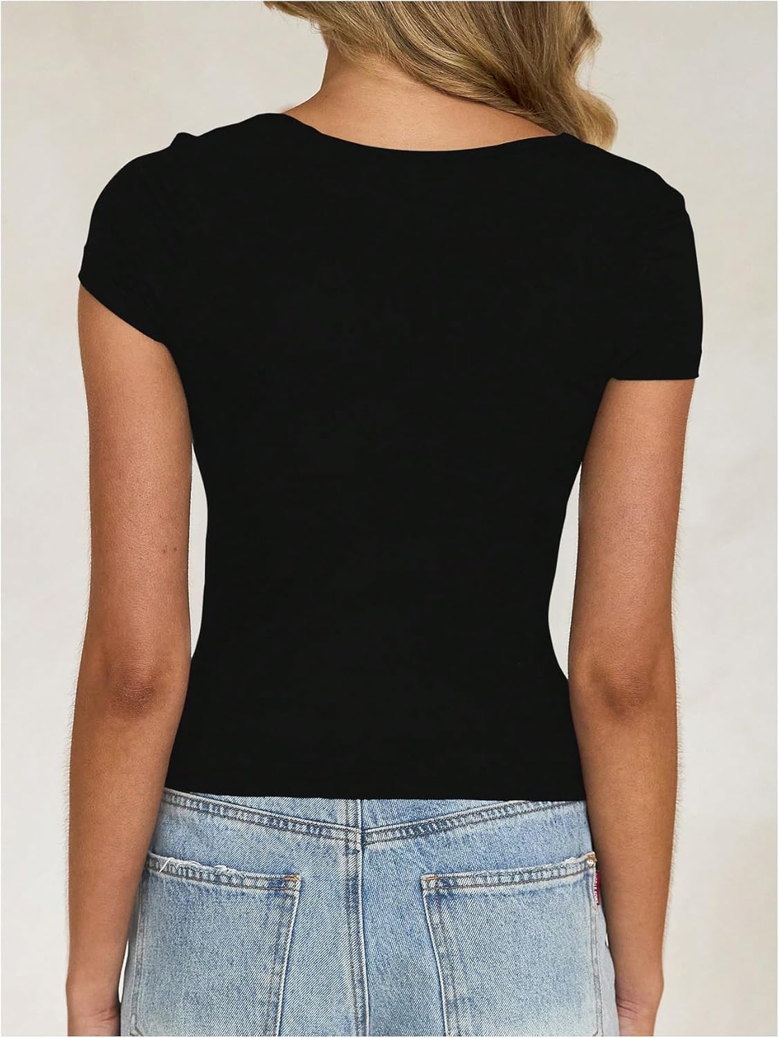 SHENHE Women's Square Neck Short Sleeve Top Basic Plain Slim Fit Going Out Crop T Shirt - Image 3