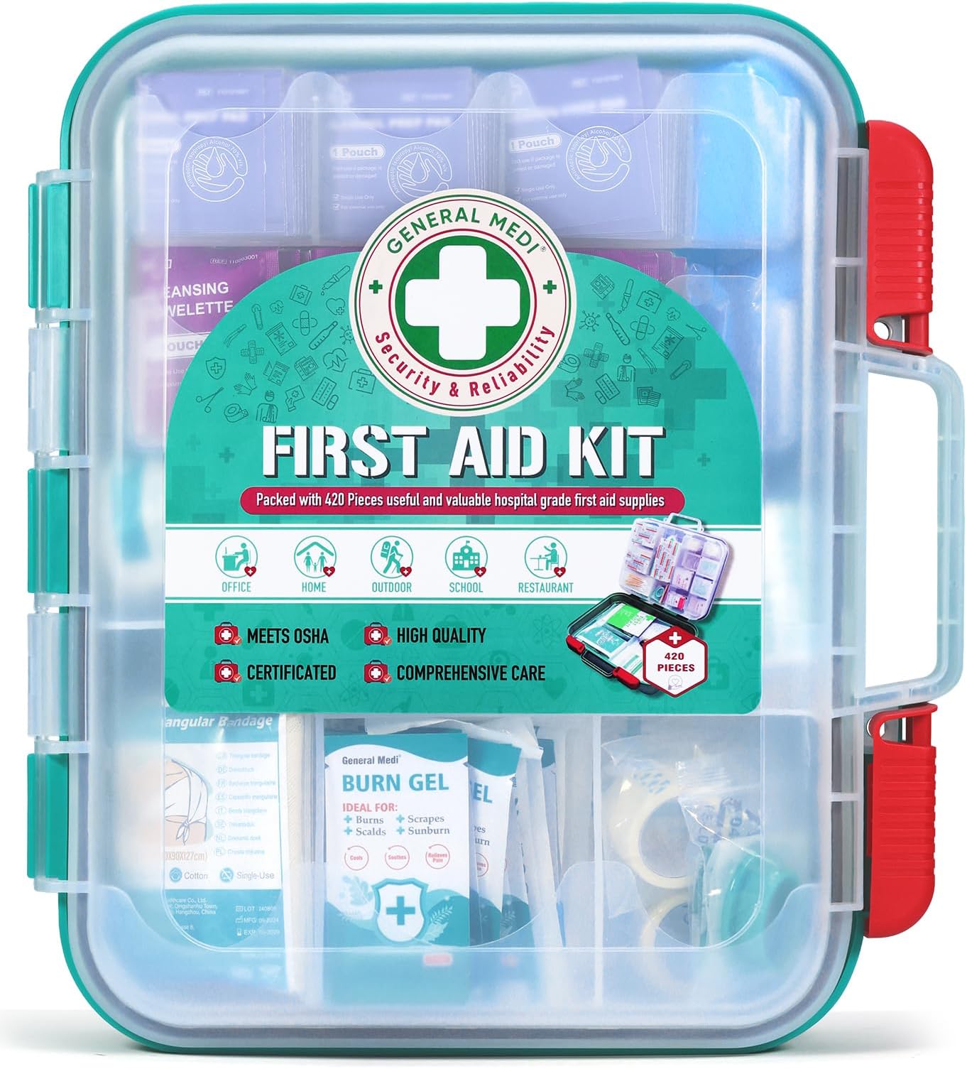 General Medi 420 Pieces Professional First Aid Kit - HardCase First Aid Box - Contains Premium Medical Supplies for Travel, Home, Office, Vehicle, Camping, Workplace & Outdoor