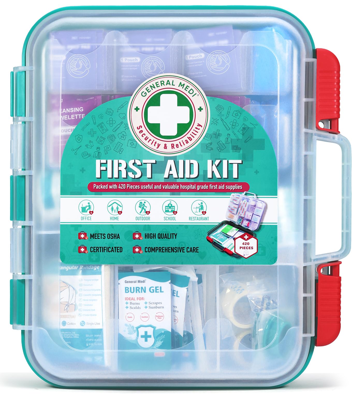 General Medi Kit de premiers secours professionnel 420 pièces – Boîte de premiers secours rigide – Contient des fournitures médicales de qualité supérieure pour voyage, maison, bureau, véhicule