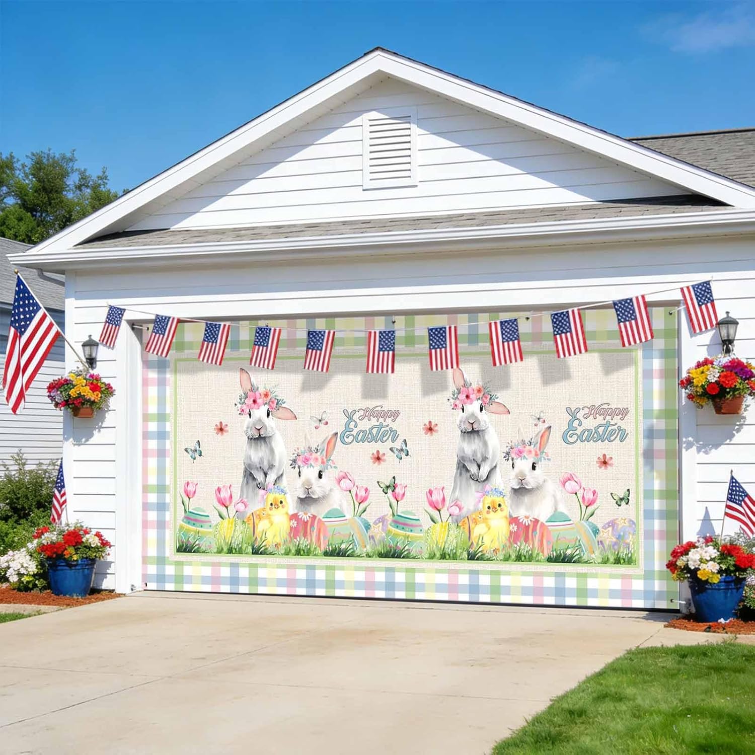 Garage Door Banner 7x16ft, Farm Bunny Easter Egg Flower Garage Door Cover Large Backdrop Banners for Outdoor Indoor Party Holiday Birthday Yard Colorful Plaid Retro Linen