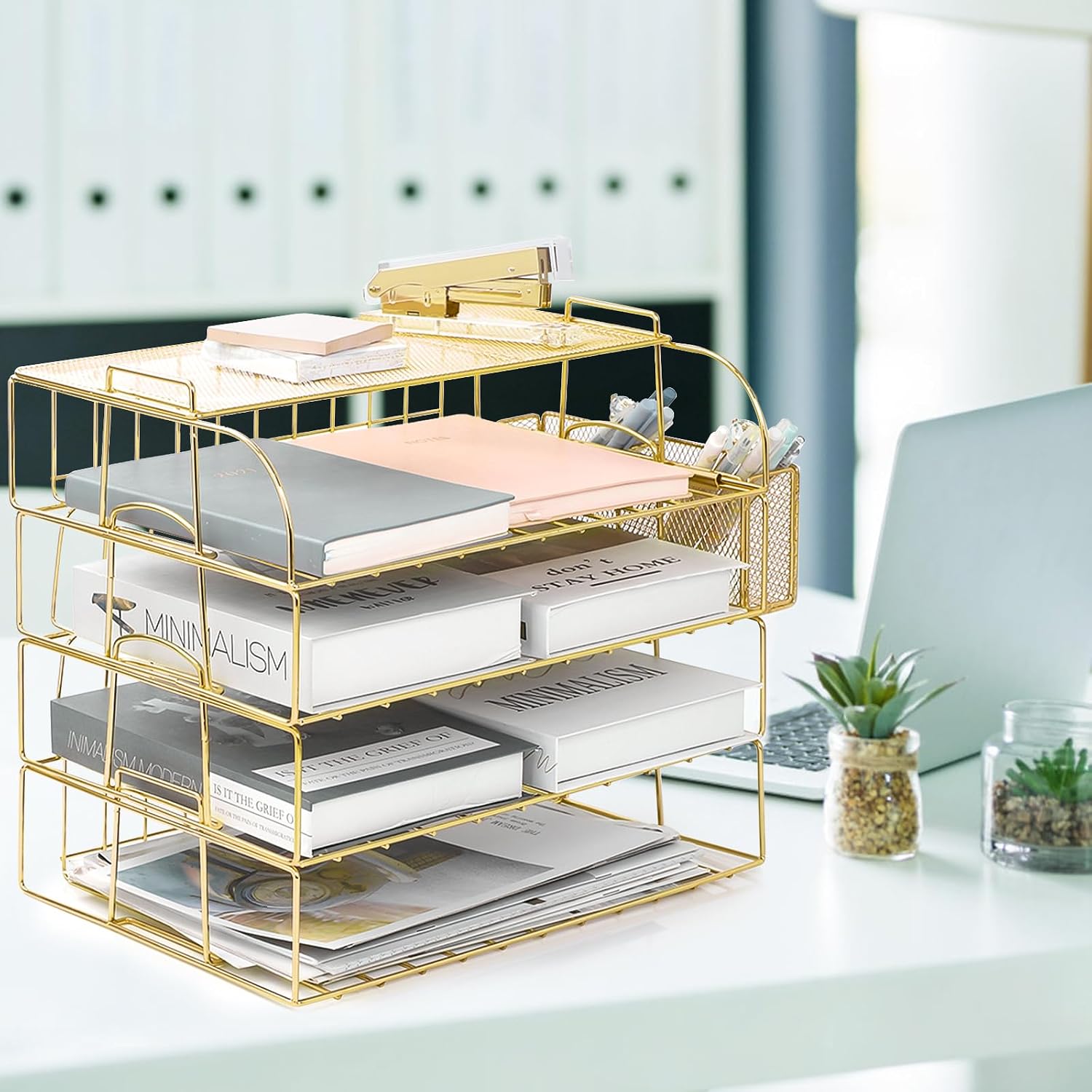 TNELTUEB Gold Paper Organizer for Desk with Pen Holder, 4 Tier Desk Organizers for Home and Office Stackable Letter Tray(Gold)