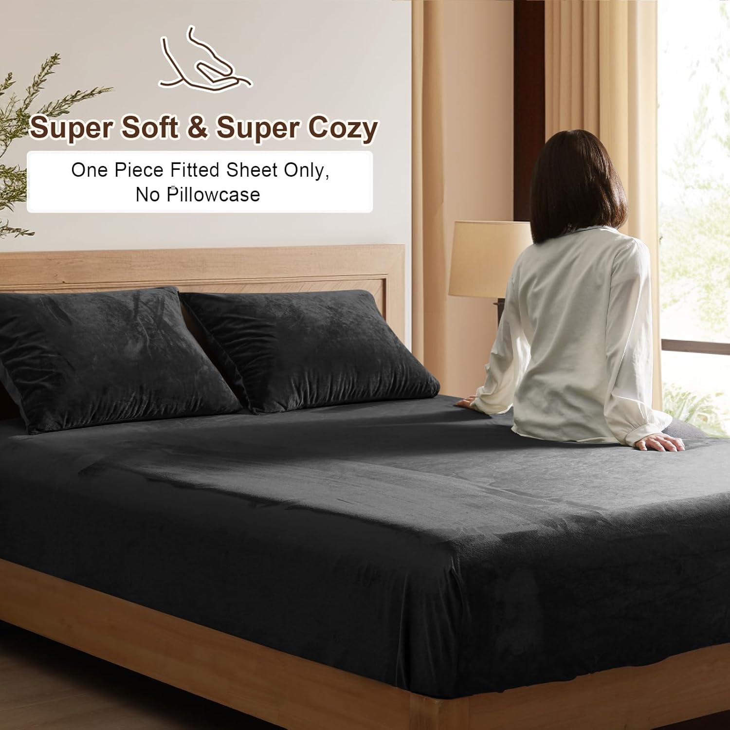 PHF Ultra Soft Velvet Fitted Sheet Twin Size, 16" Deep Pocket with Wider Stronger Elastic Band, Easy Fit Easy Care, 1 Pack Cozy Comfy Flannel Bottom Sheet for All Seasons, No Pillowcases, Black