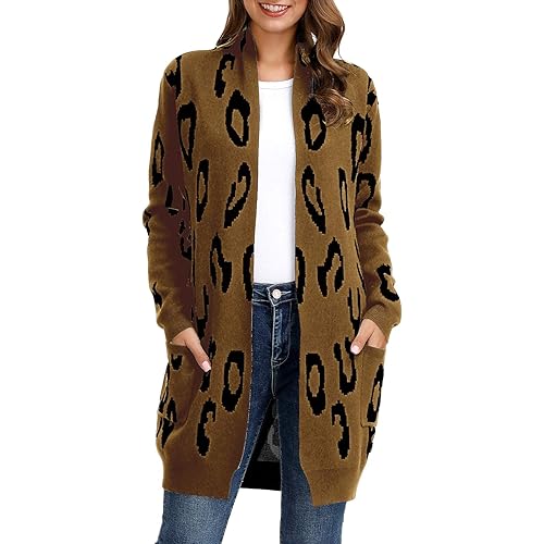 GRACE KARIN Essential Leopard Print Open Front Long Knitted Cardigan Sweater for Women