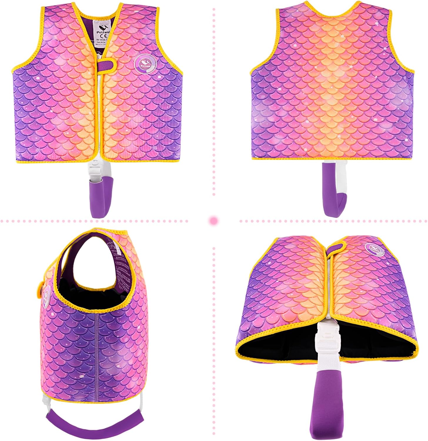 Pottwal Swim Vest for Kids - Swim Jacket - Made of Neoprene & EPE - with Adjustable Crotch Strap 8 Pockets - Purple Mermaid Scales Small