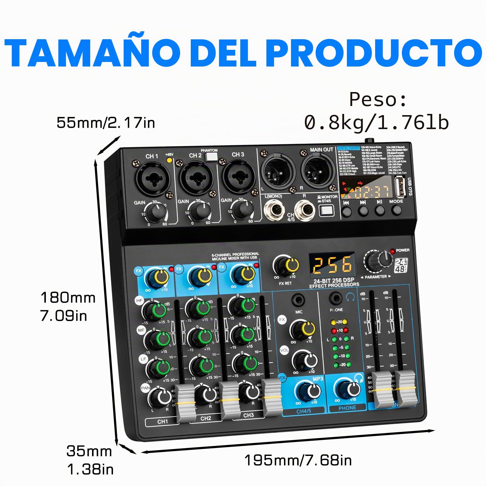 Depusheng BF6 Mezclador de audio profesional, efectos digitales, DSP de 256 bits, USB, Bluetooth, MP3, mezclador de DJ para computadora, interfaz de entrada de 5 canales con alimentación fantasma