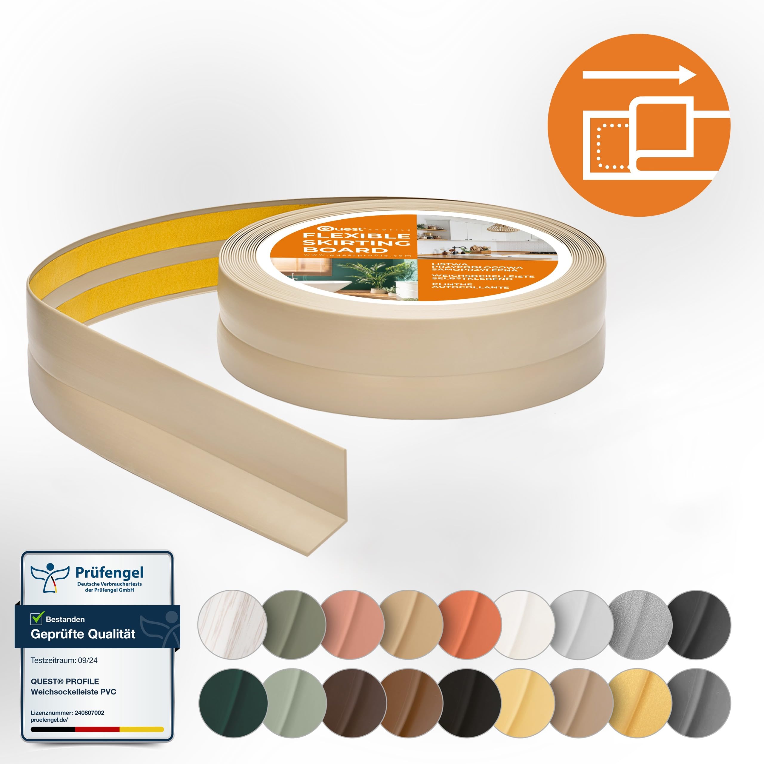 QUEST Listwa wykończeniowa PVC 30x30 mm, samoprzylepna, elastyczna, miękka taśma dekoracyjna, beż, 15 m
