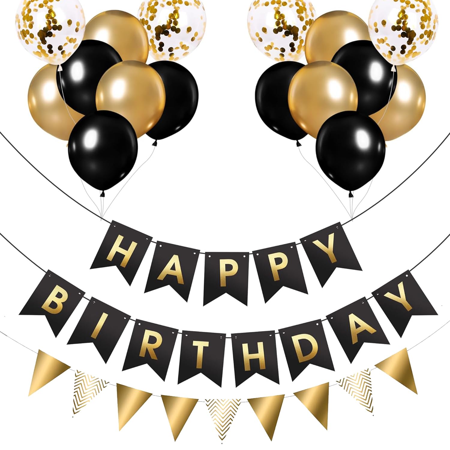 Happy Birthday Banner and Buntings, Birthday Decorations Black & Gold Set Contains12inch Balloons, Ribbons and Birthday Banners, Happy Birthday Decorations For Men