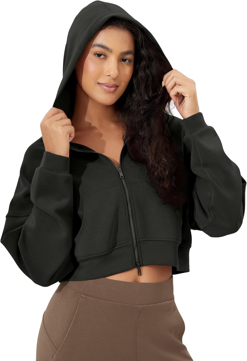 ODODOS Women’s Modal Soft Full-Zip Cropped Hoodies with Pockets Long Sleeve Crop Casual Sweatshirts