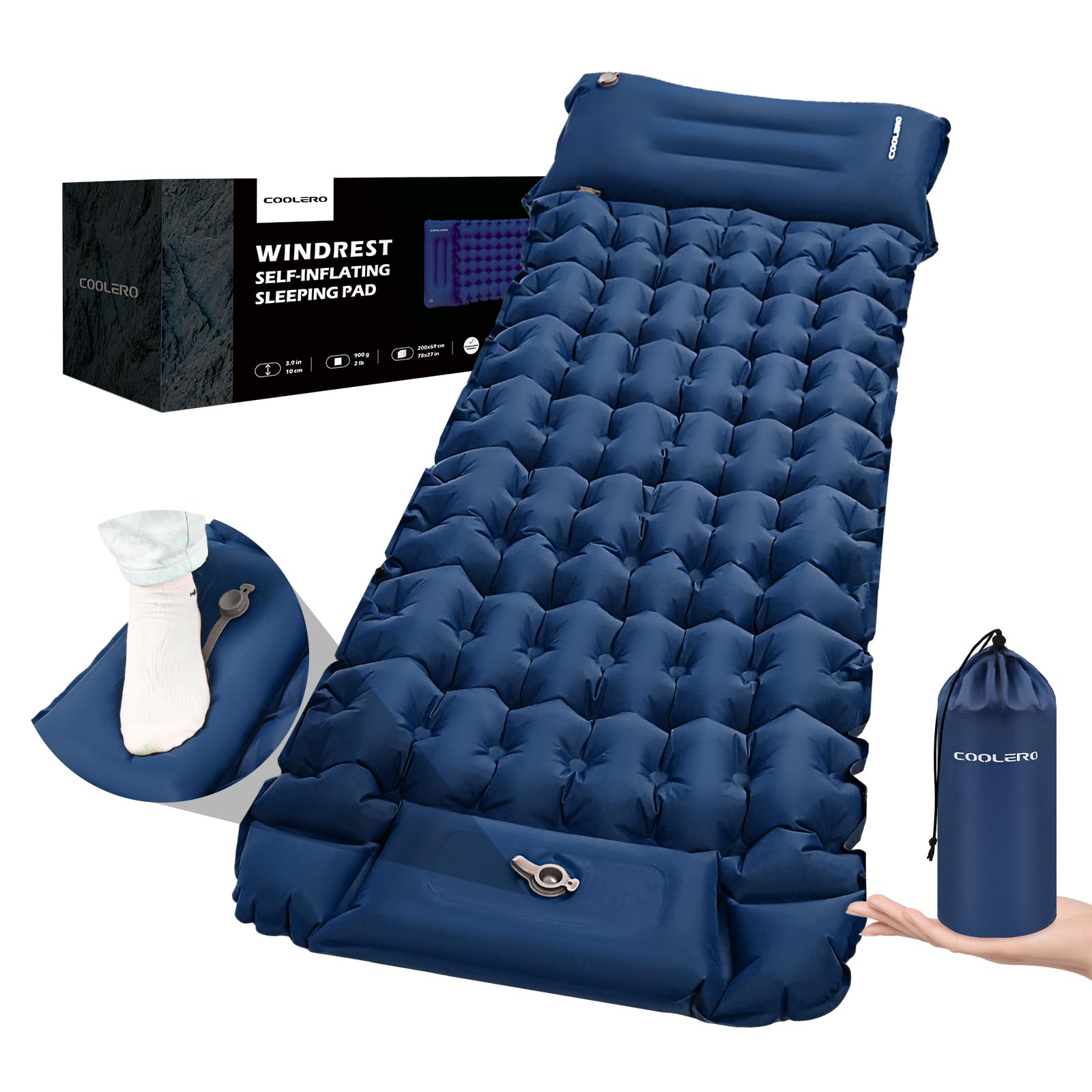COOLERO Sleeping Pad for Camping, Ultralight Inflatable Air Mattress with Adjustable Pillow, Portable Camping Pad with Built-in Pump Compact Lightweight Comfort Sleeping Mat for Camping, Hiking-Blue