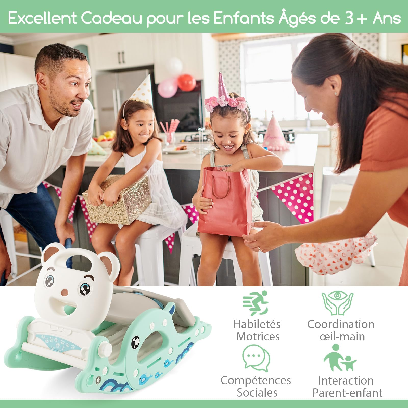 COSTWAY 4 en 1 Toboggan Enfants avec 3 Modes & Motif d'ours, Cheval à Bascule Intérieur Extérieur avec Panier de Basketball & Ballon, Charge 50kg pour Enfants de 3 Ans+, 93x65x46,5cm