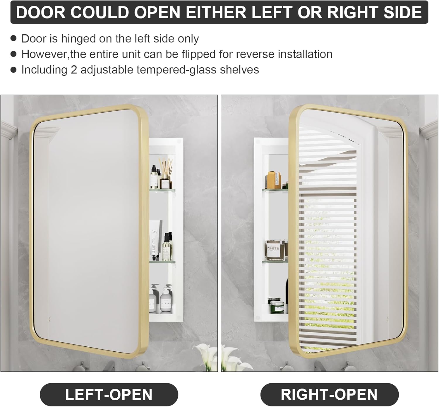 HOMECOOKIN Farmhouse Gold Metal Framed Recessed Bathroom Medicine Cabinet with Beveled Mirror Rounded Rectangle Bathroom Medicine Cabinet 16x24 inch