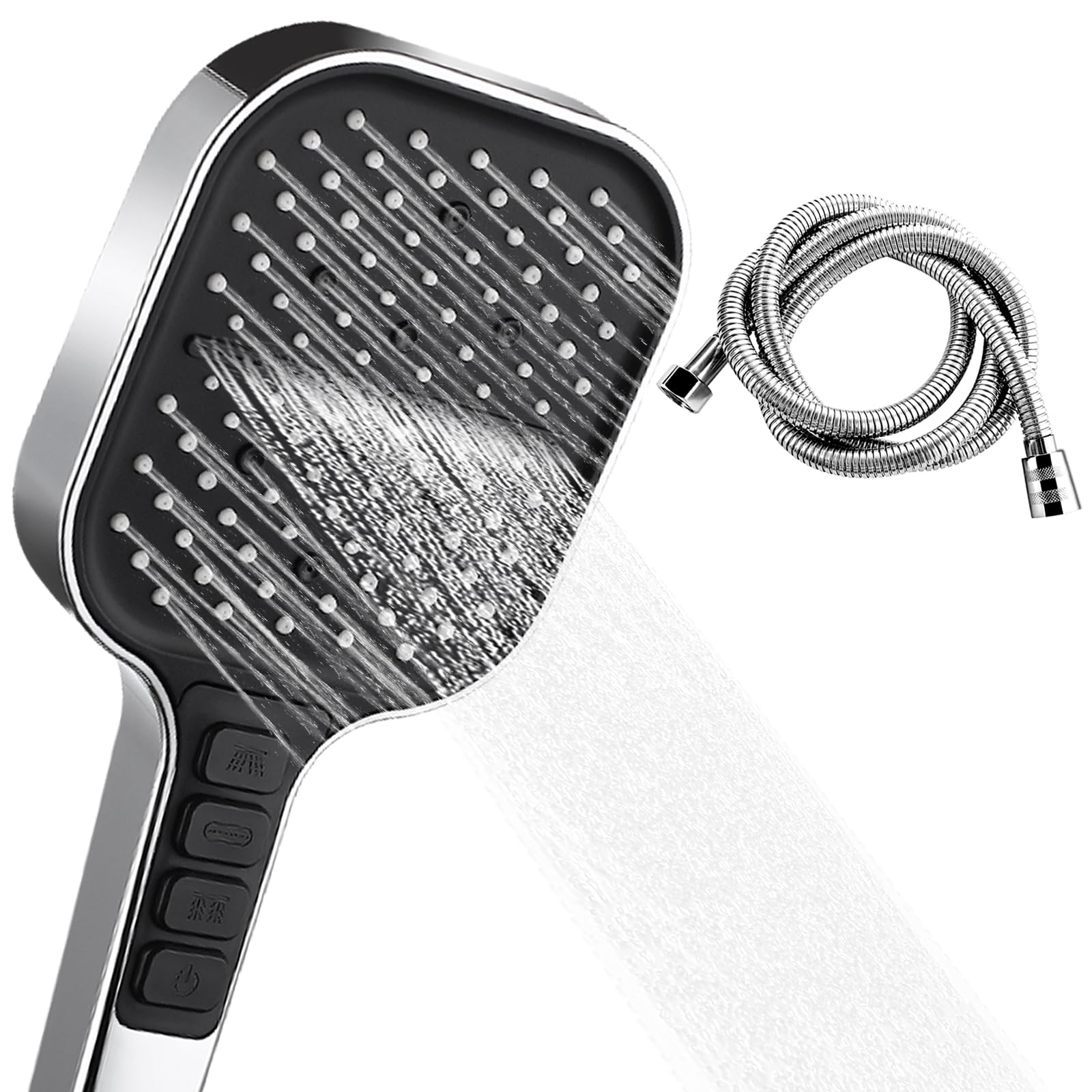 HENGBIRD Soffione doccia a risparmio idrico da 1,5 m con tubo, 7 tipi di getto, soffione doccia a pioggia con pulsante di arresto e ugello in silicone autopulente, regolazione con una sola mano